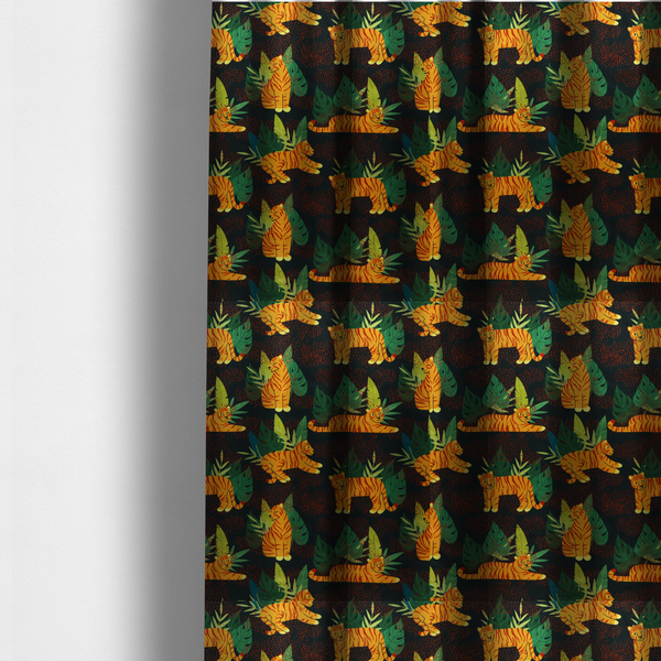 The fabric used to create these made-to-measure curtains is a vibrant fabric pattern featuring illustrated orange tigers in various poses surrounded by dark green tropical leaves and foliage against a dark background with red dotted accents.   