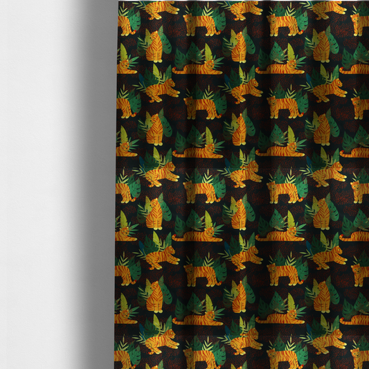 The fabric used to create these made-to-measure curtains is a vibrant fabric pattern featuring illustrated orange tigers in various poses surrounded by dark green tropical leaves and foliage against a dark background with red dotted accents.   
