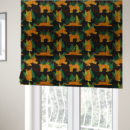 The fabric used to create these Roman blinds is a vibrant fabric pattern featuring illustrated orange tigers in various poses surrounded by dark green tropical leaves and foliage against a dark background with red dotted accents.   