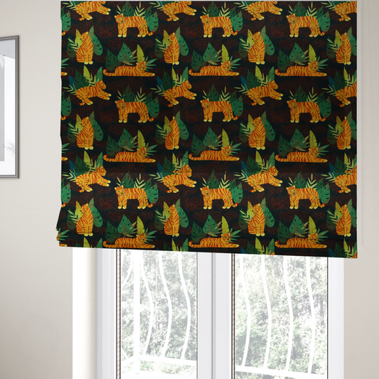 The fabric used to create these Roman blinds is a vibrant fabric pattern featuring illustrated orange tigers in various poses surrounded by dark green tropical leaves and foliage against a dark background with red dotted accents.   