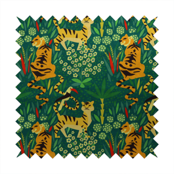 A detailed tropical jungle pattern fabric featuring illustrated yellow and black tigers, birds with red beaks, palm trees, and small white flowers on a deep green background.   