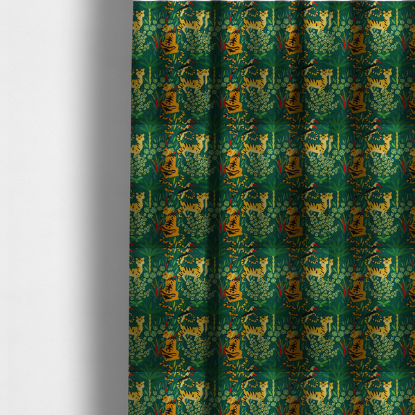 The fabric used to create these made-to-measure curtains is a detailed tropical jungle pattern fabric featuring illustrated yellow and black tigers, birds with red beaks, palm trees, and small white flowers on a deep green background.   