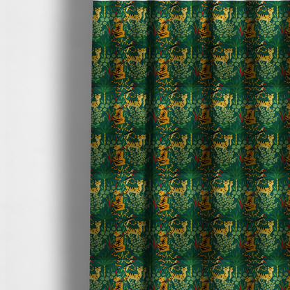 The fabric used to create these made-to-measure curtains is a detailed tropical jungle pattern fabric featuring illustrated yellow and black tigers, birds with red beaks, palm trees, and small white flowers on a deep green background.   