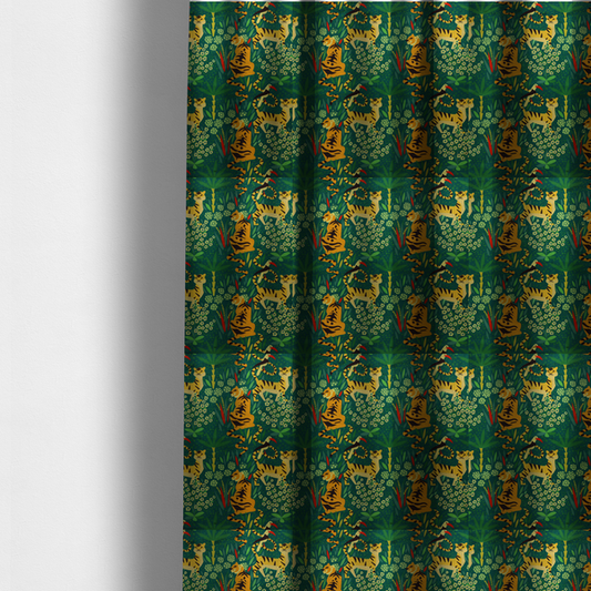 The fabric used to create these made-to-measure curtains is a detailed tropical jungle pattern fabric featuring illustrated yellow and black tigers, birds with red beaks, palm trees, and small white flowers on a deep green background.   