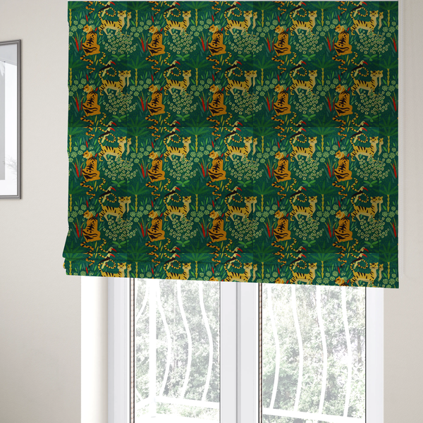 The fabric used to create these Roman blinds is a detailed tropical jungle pattern fabric featuring illustrated yellow and black tigers, birds with red beaks, palm trees, and small white flowers on a deep green background.   