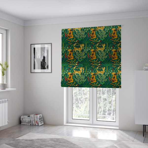 The fabric used to create these Roman blinds is a detailed tropical jungle pattern fabric featuring illustrated yellow and black tigers, birds with red beaks, palm trees, and small white flowers on a deep green background.   
