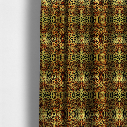 The fabric used to create these made-to-measure curtains is a bold, symmetrical leopard print fabric featuring a repeating kaleidoscope pattern of black and golden-brown rosettes on a warm yellow-gold background.
