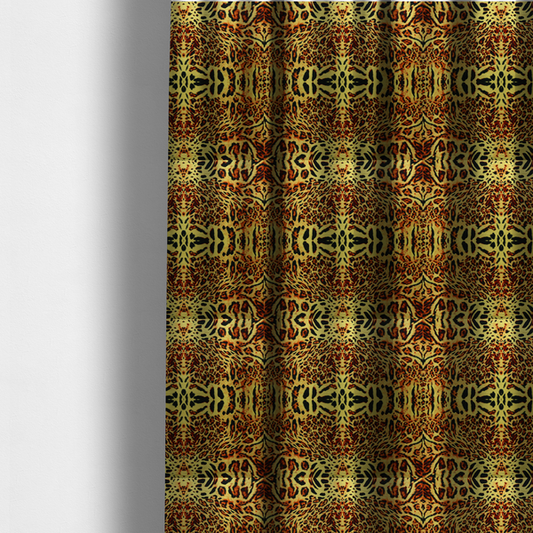 The fabric used to create these made-to-measure curtains is a bold, symmetrical leopard print fabric featuring a repeating kaleidoscope pattern of black and golden-brown rosettes on a warm yellow-gold background.
