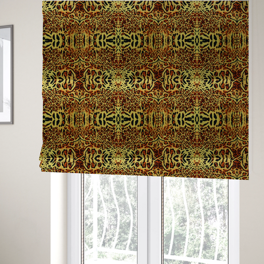 The fabric used to create these Roman blinds is a bold, symmetrical leopard print fabric featuring a repeating kaleidoscope pattern of black and golden-brown rosettes on a warm yellow-gold background.