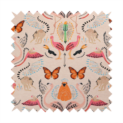 A whimsical tropical jungle patterned fabric featuring pink flamingos, orange orangutans, monarch butterflies, lemurs with striped tails, and vibrant birds on a light beige background.   