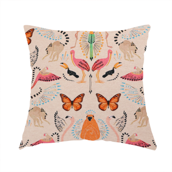 The fabric used to create this handmade cushion is a whimsical tropical jungle patterned fabric featuring pink flamingos, orange orangutans, monarch butterflies, lemurs with striped tails, and vibrant birds on a light beige background.   