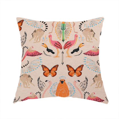 The fabric used to create this handmade cushion is a whimsical tropical jungle patterned fabric featuring pink flamingos, orange orangutans, monarch butterflies, lemurs with striped tails, and vibrant birds on a light beige background.   