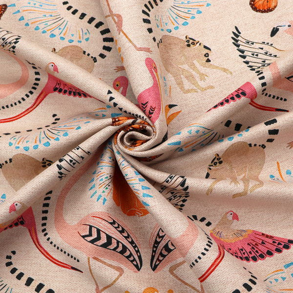 A whimsical tropical jungle patterned fabric featuring pink flamingos, orange orangutans, monarch butterflies, lemurs with striped tails, and vibrant birds on a light beige background.   