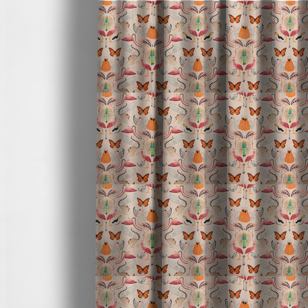The fabric used to create these made-to-measure curtains is a whimsical tropical jungle patterned fabric featuring pink flamingos, orange orangutans, monarch butterflies, lemurs with striped tails, and vibrant birds on a light beige background.   