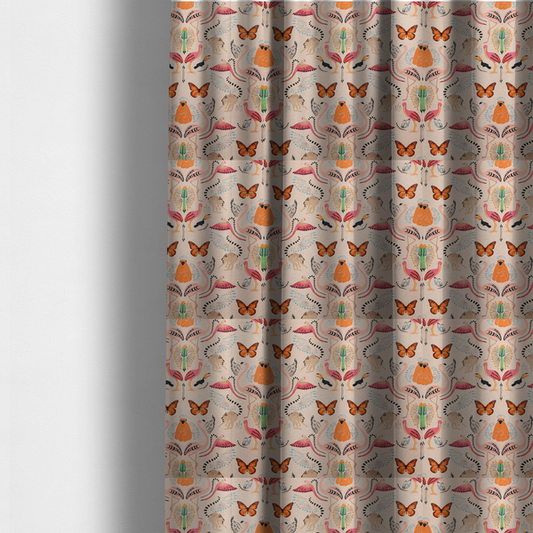 The fabric used to create these made-to-measure curtains is a whimsical tropical jungle patterned fabric featuring pink flamingos, orange orangutans, monarch butterflies, lemurs with striped tails, and vibrant birds on a light beige background.   