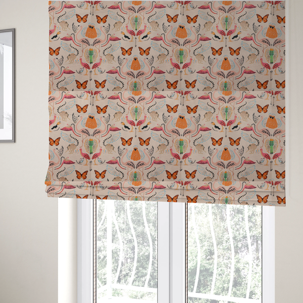 The fabric used to create these Roman blinds is a whimsical tropical jungle patterned fabric featuring pink flamingos, orange orangutans, monarch butterflies, lemurs with striped tails, and vibrant birds on a light beige background.   