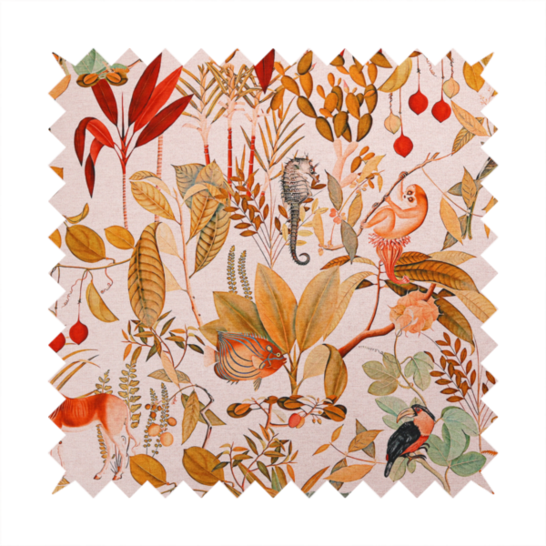 A detailed botanical and zoological fabric pattern featuring a mix of tropical foliage, exotic birds, monkeys, a zebra, a rhinoceros, a seahorse, and fish in rich earthy tones on a pale background.   