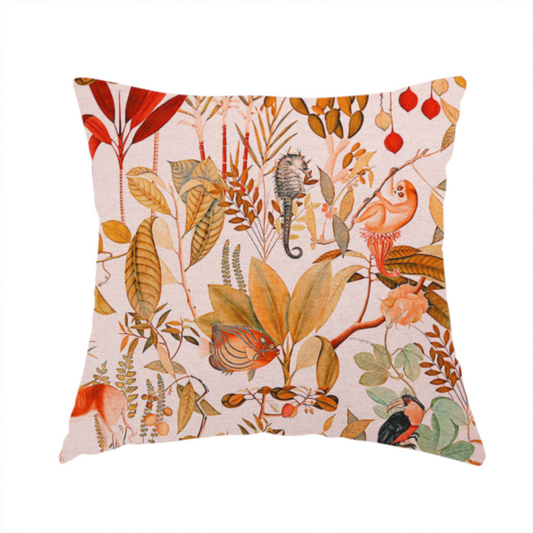 The fabric used to create this handmade cushion is a detailed botanical and zoological fabric pattern featuring a mix of tropical foliage, exotic birds, monkeys, a zebra, a rhinoceros, a seahorse, and fish in rich earthy tones on a pale background.   