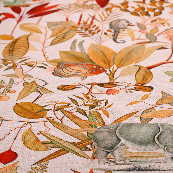 A detailed botanical and zoological fabric pattern featuring a mix of tropical foliage, exotic birds, monkeys, a zebra, a rhinoceros, a seahorse, and fish in rich earthy tones on a pale background.   