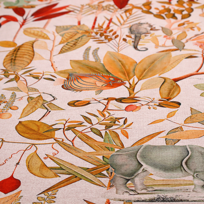 A detailed botanical and zoological fabric pattern featuring a mix of tropical foliage, exotic birds, monkeys, a zebra, a rhinoceros, a seahorse, and fish in rich earthy tones on a pale background.   