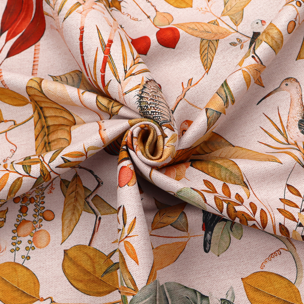 A detailed botanical and zoological fabric pattern featuring a mix of tropical foliage, exotic birds, monkeys, a zebra, a rhinoceros, a seahorse, and fish in rich earthy tones on a pale background.   