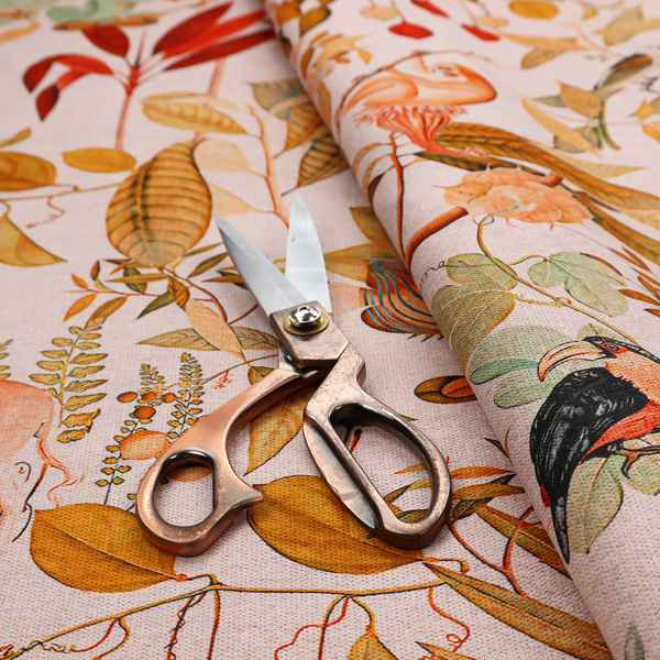 A detailed botanical and zoological fabric pattern featuring a mix of tropical foliage, exotic birds, monkeys, a zebra, a rhinoceros, a seahorse, and fish in rich earthy tones on a pale background.   
