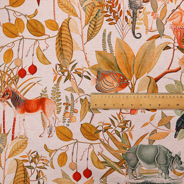 A detailed botanical and zoological fabric pattern featuring a mix of tropical foliage, exotic birds, monkeys, a zebra, a rhinoceros, a seahorse, and fish in rich earthy tones on a pale background.   