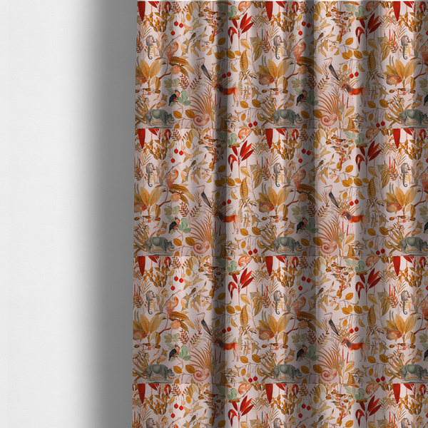 The fabric used to create these made-to-measure curtains is a detailed botanical and zoological fabric pattern featuring a mix of tropical foliage, exotic birds, monkeys, a zebra, a rhinoceros, a seahorse, and fish in rich earthy tones on a pale background.   