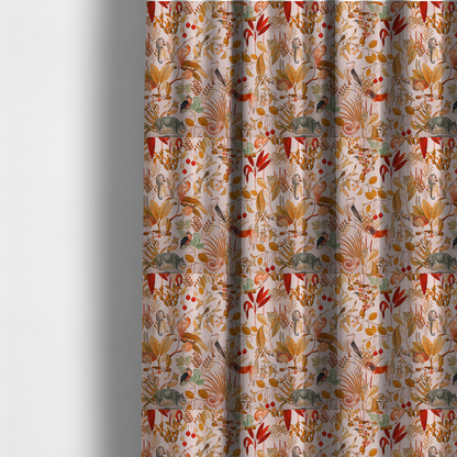 The fabric used to create these made-to-measure curtains is a detailed botanical and zoological fabric pattern featuring a mix of tropical foliage, exotic birds, monkeys, a zebra, a rhinoceros, a seahorse, and fish in rich earthy tones on a pale background.   