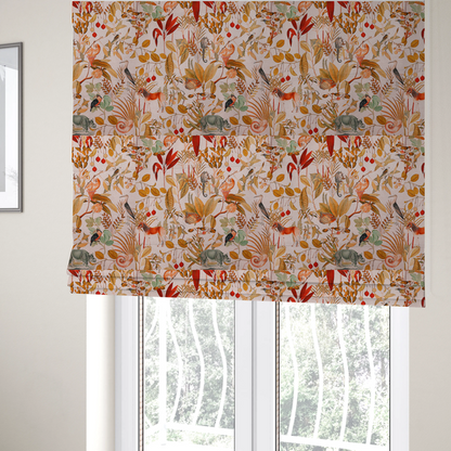 The fabric used to create these Roman blinds is a detailed botanical and zoological fabric pattern featuring a mix of tropical foliage, exotic birds, monkeys, a zebra, a rhinoceros, a seahorse, and fish in rich earthy tones on a pale background.   