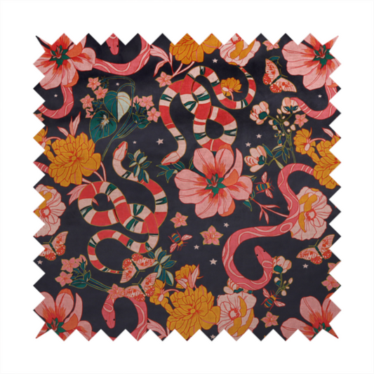 A rich, dark botanical fabric pattern featuring intertwined pink and red snakes, large pink and yellow flowers, and delicate butterflies against a dark navy background.