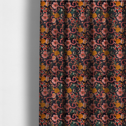 The fabric used to create these made-to-measure curtains is a rich, dark botanical fabric pattern featuring intertwined pink and red snakes, large pink and yellow flowers, and delicate butterflies against a dark navy background.