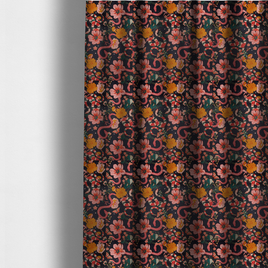 The fabric used to create these made-to-measure curtains is a rich, dark botanical fabric pattern featuring intertwined pink and red snakes, large pink and yellow flowers, and delicate butterflies against a dark navy background.