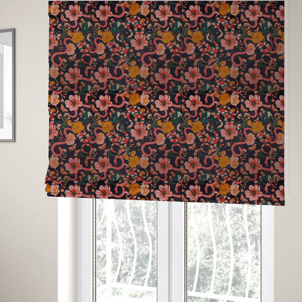 The fabric used to create these Roman blinds is a rich, dark botanical fabric pattern featuring intertwined pink and red snakes, large pink and yellow flowers, and delicate butterflies against a dark navy background.
