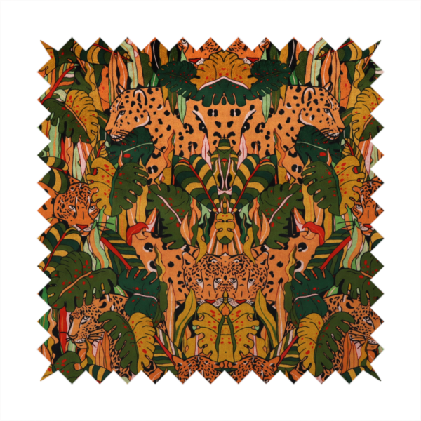 An intricate, symmetrical jungle pattern fabric featuring spotted leopards and lush green tropical foliage in warm autumn tones of orange, gold, and deep green.