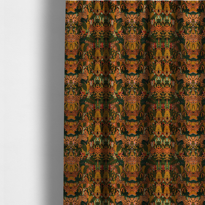 The fabric used to create these made-to-measure curtains is a intricate, symmetrical jungle pattern fabric featuring spotted leopards and lush green tropical foliage in warm autumn tones of orange, gold, and deep green.