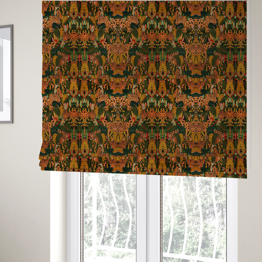 The fabric used to create these Roman blinds is an intricate, symmetrical jungle pattern fabric featuring spotted leopards and lush green tropical foliage in warm autumn tones of orange, gold, and deep green.
