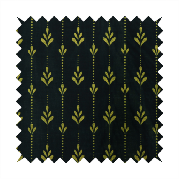 Dark green fabric featuring a repeating vertical pattern of chartreuse botanical motifs and dotted lines.   