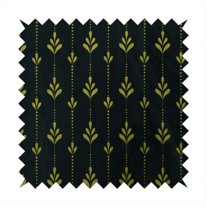 Dark green fabric featuring a repeating vertical pattern of chartreuse botanical motifs and dotted lines.   