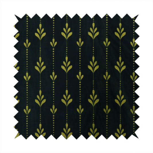 Dark green fabric featuring a repeating vertical pattern of chartreuse botanical motifs and dotted lines.   