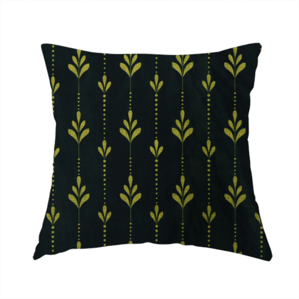 the fabric used to create this handmade cushion is a dark green fabric featuring a repeating vertical pattern of chartreuse botanical motifs and dotted lines.   