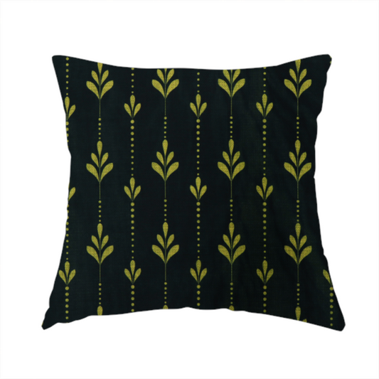 the fabric used to create this handmade cushion is a dark green fabric featuring a repeating vertical pattern of chartreuse botanical motifs and dotted lines.   
