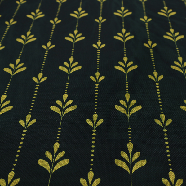 Dark green fabric featuring a repeating vertical pattern of chartreuse botanical motifs and dotted lines.   