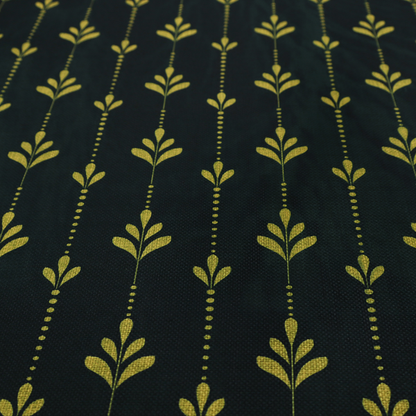 Dark green fabric featuring a repeating vertical pattern of chartreuse botanical motifs and dotted lines.   