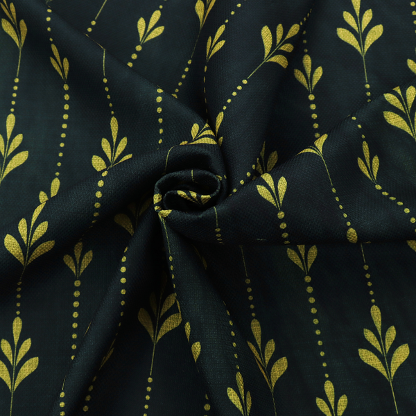 Dark green fabric featuring a repeating vertical pattern of chartreuse botanical motifs and dotted lines.   