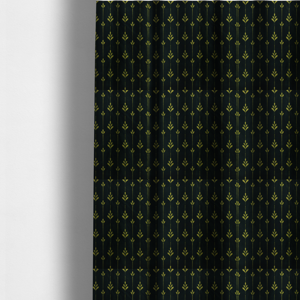 The fabric used to create these made-to-measure curtains is a dark green fabric featuring a repeating vertical pattern of chartreuse botanical motifs and dotted lines.   