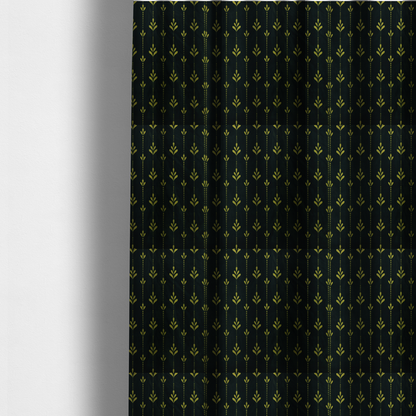 The fabric used to create these made-to-measure curtains is a dark green fabric featuring a repeating vertical pattern of chartreuse botanical motifs and dotted lines.   