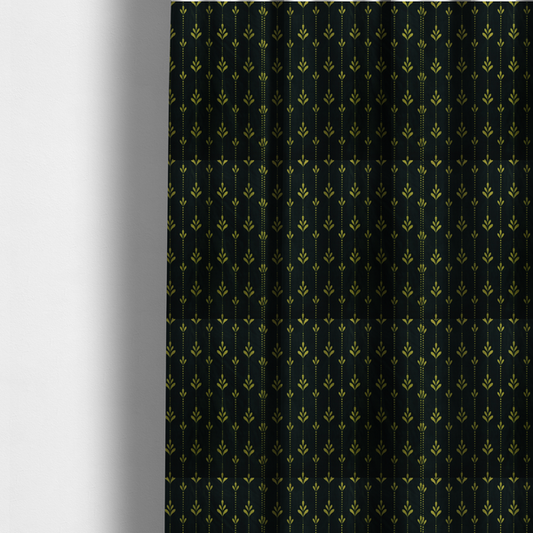 The fabric used to create these made-to-measure curtains is a dark green fabric featuring a repeating vertical pattern of chartreuse botanical motifs and dotted lines.   