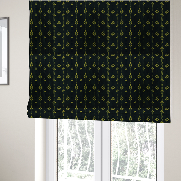 The fabric used to create these Roman blinds is a dark green fabric featuring a repeating vertical pattern of chartreuse botanical motifs and dotted lines.   