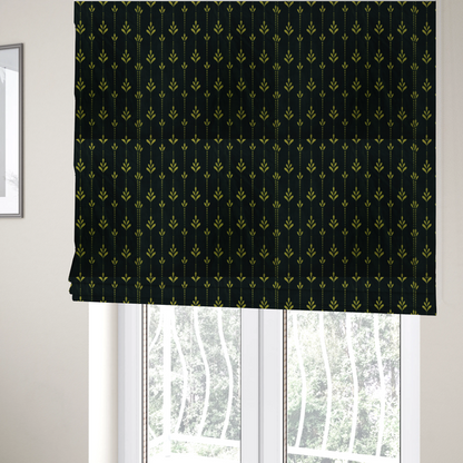 The fabric used to create these Roman blinds is a dark green fabric featuring a repeating vertical pattern of chartreuse botanical motifs and dotted lines.   